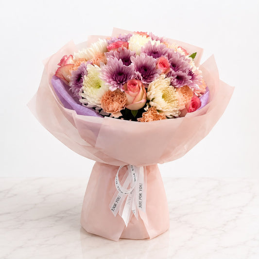 Princess Jasmine: pink chrysanthemum, carnation, rose in a bouquet (view 2)