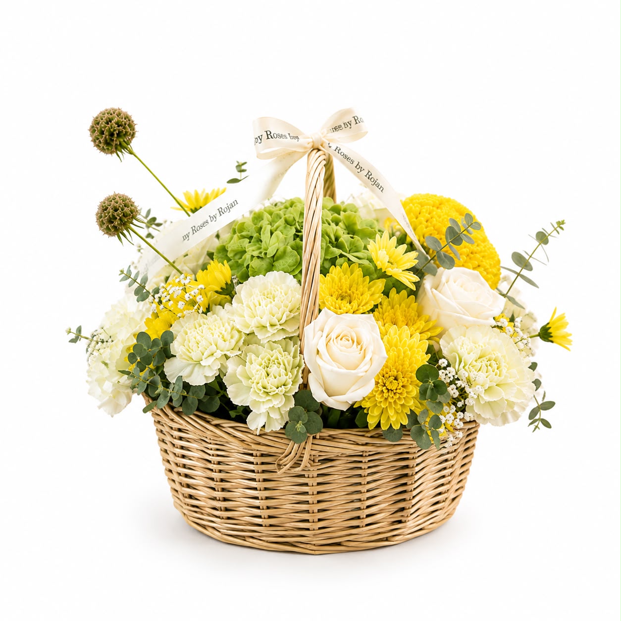 Lemon Whisper: white carnation, chrysanthemum, hydrangea in a basket