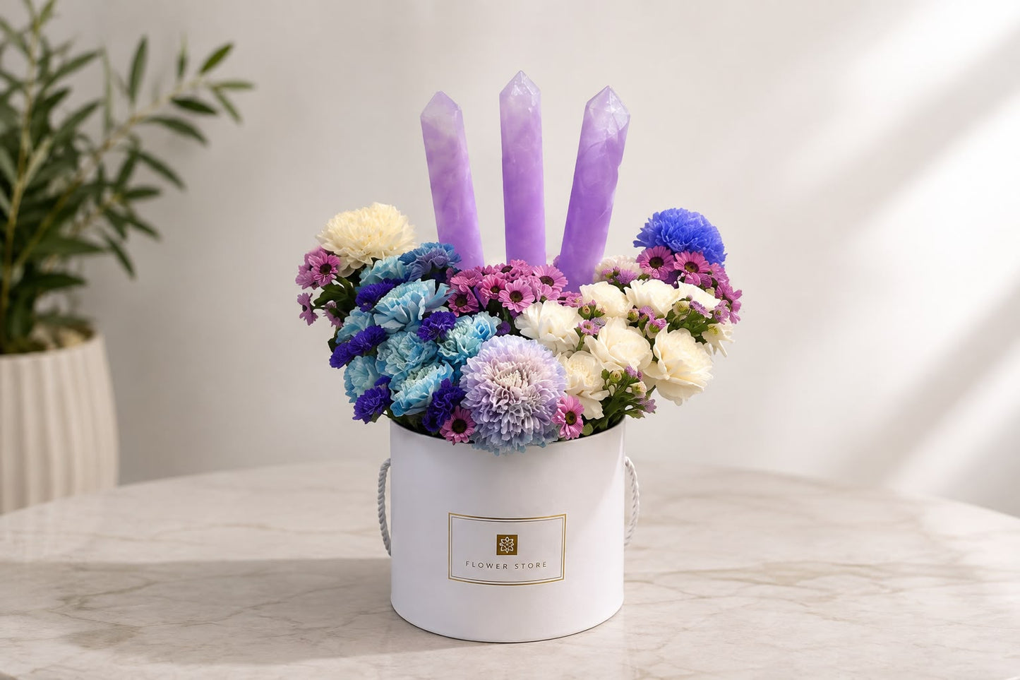 Pastel Dream Box: blue carnation, aster, chrysanthemum in a gift box