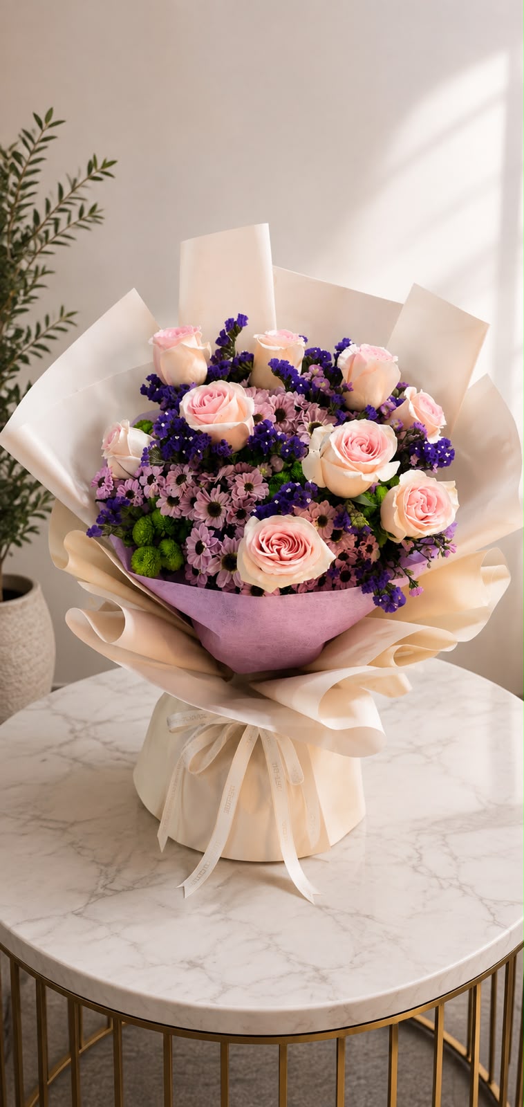 Blush and Bloom Elegance: pink and purple chrysanthemum, aster, rose in a bouquet (view 3)