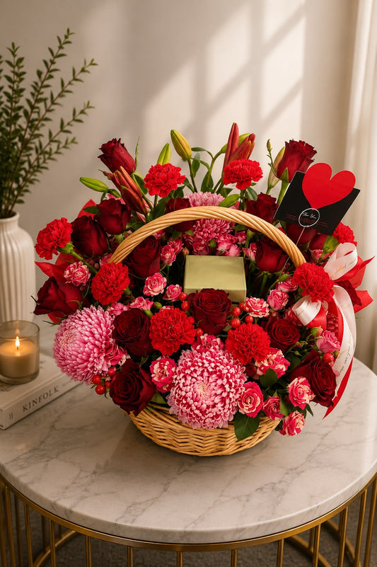 Scarlet Embrace: pink and red rose, lily, peony in a basket (view 2)