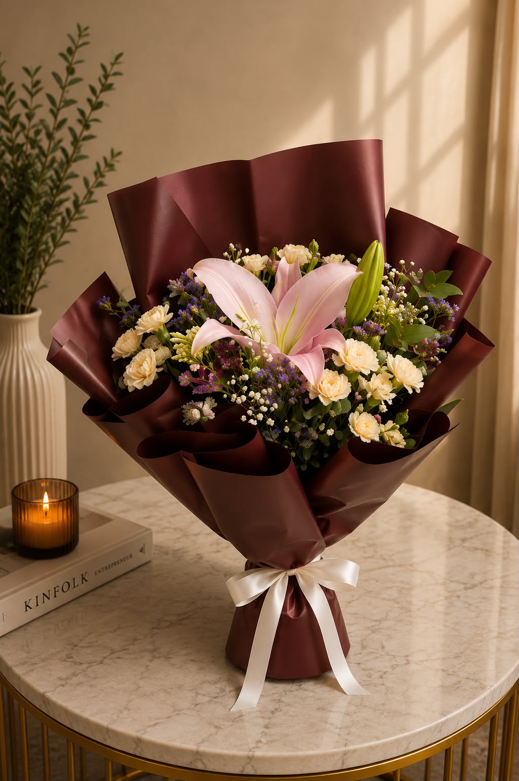 Burgundy Bloom: pink and red rose, ammi majus, aster in a bouquet