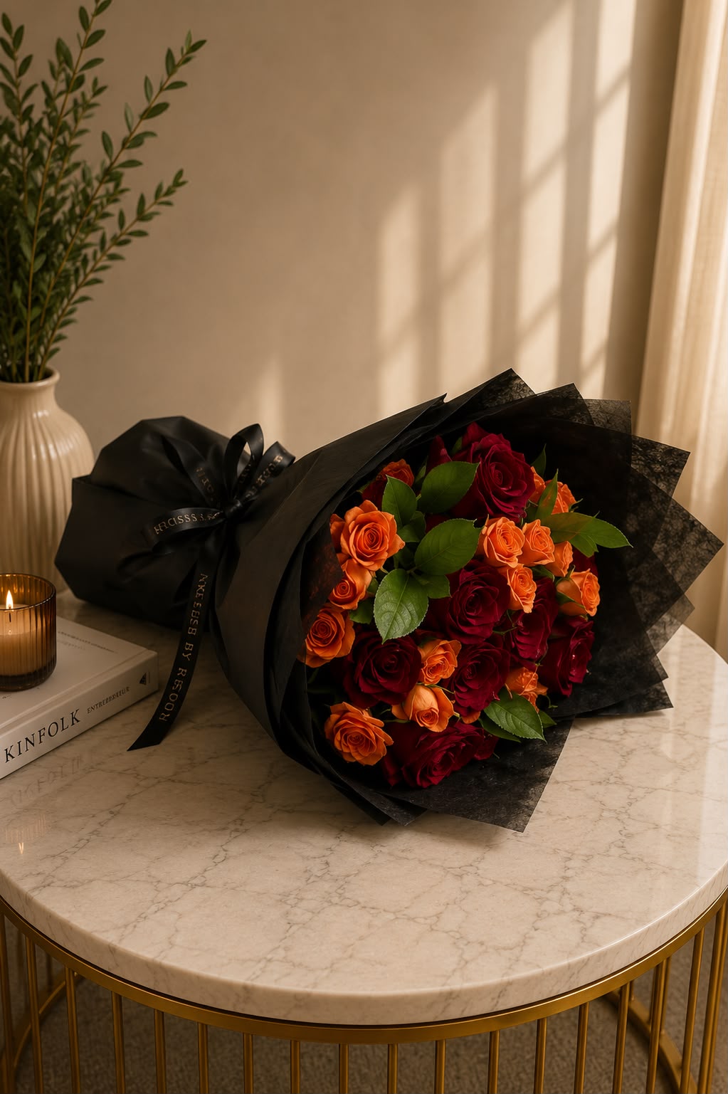 Flame: orange and red rose in a bouquet