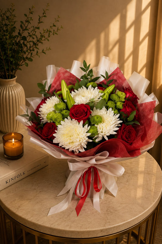 Blossom Banter: red rose, chrysanthemum, lily in a bouquet (view 2)