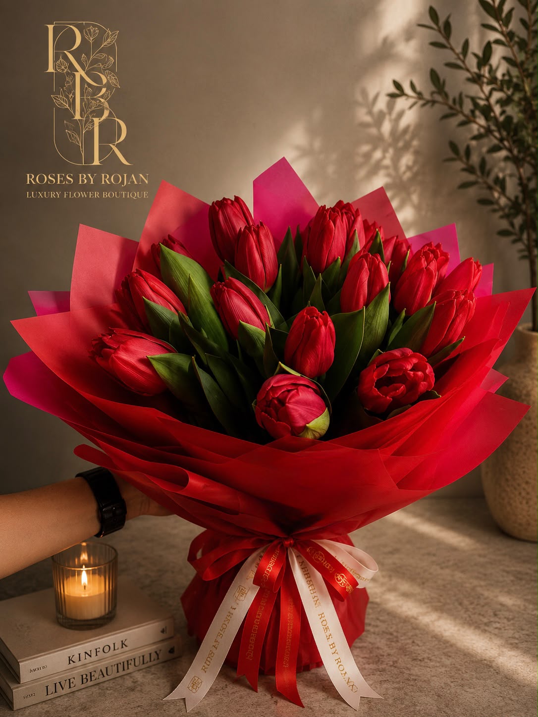Scarlet Tulip Embrance: red tulip in a bouquet (view 2)
