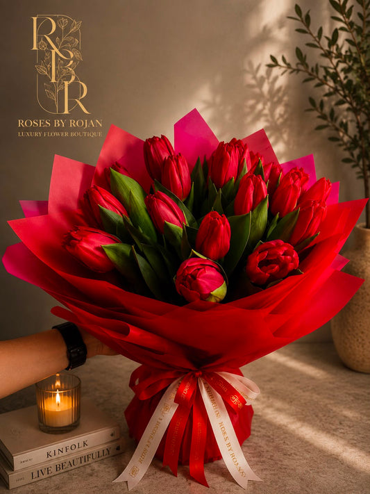 Scarlet Tulip Embrance: red tulip in a bouquet (view 2)