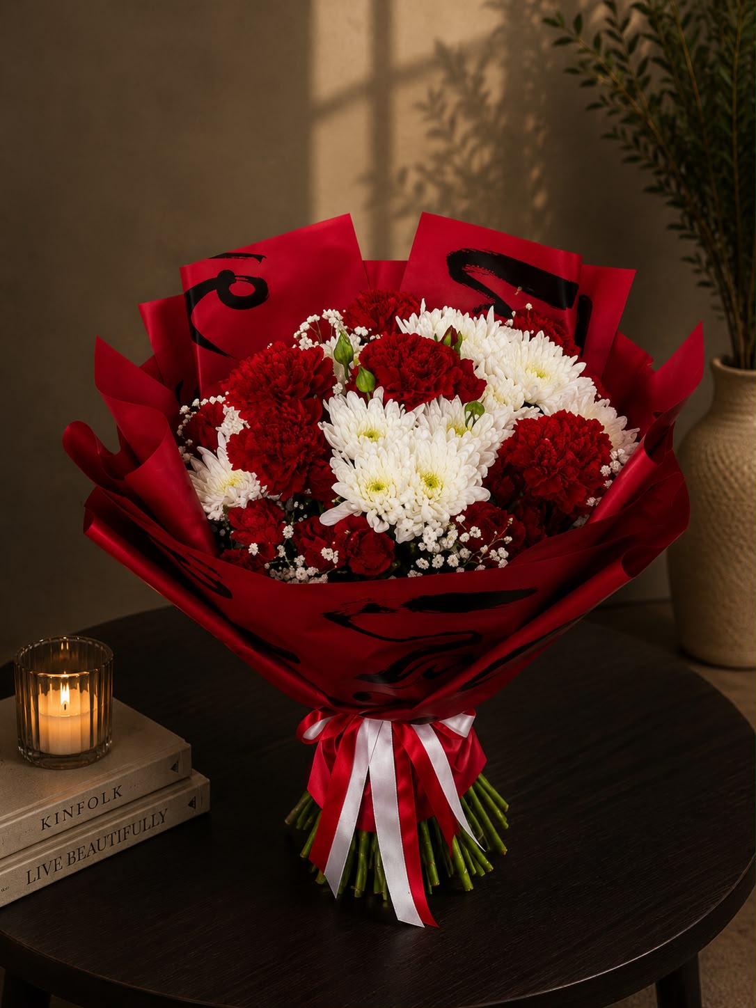 Scarlet Harmony: red carnation, chrysanthemum, gypsophila in a bouquet