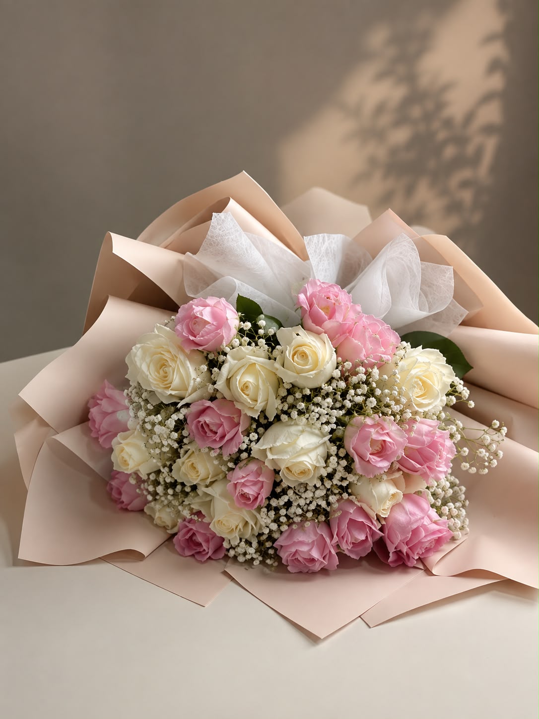 Blush Petal Harmony: pink tulip, gypsophila, rose in a bouquet (view 2)