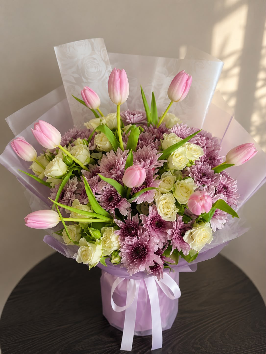 Pink Tulip Harmony: pink tulip, chrysanthemum, rose in a bouquet (view 2)