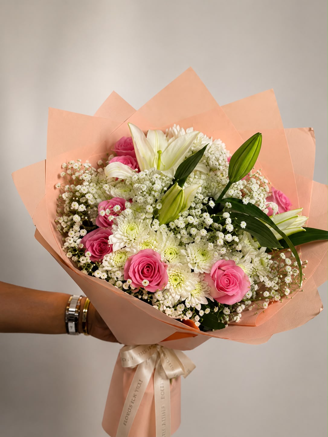 Pink Lily & Rose Bouquet: pink rose, chrysanthemum, lily in a bouquet (view 2)