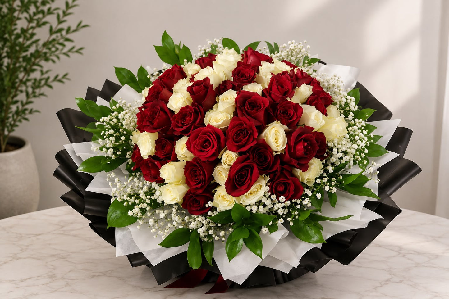 Crimson and Ivory Harmony: red and white rose, gypsophila in a bouquet (view 3)