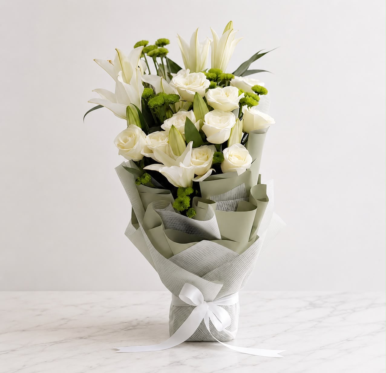 Ivory | White Rose & Lily Elegant Bouquet: white rose, chrysanthemum, lily in a bouquet