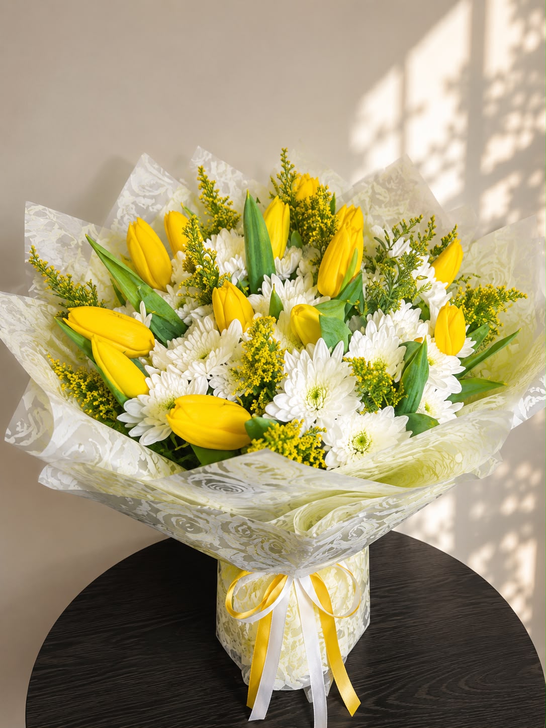 Golden Morning Delight: yellow tulip, chrysanthemum, solidago in a bouquet