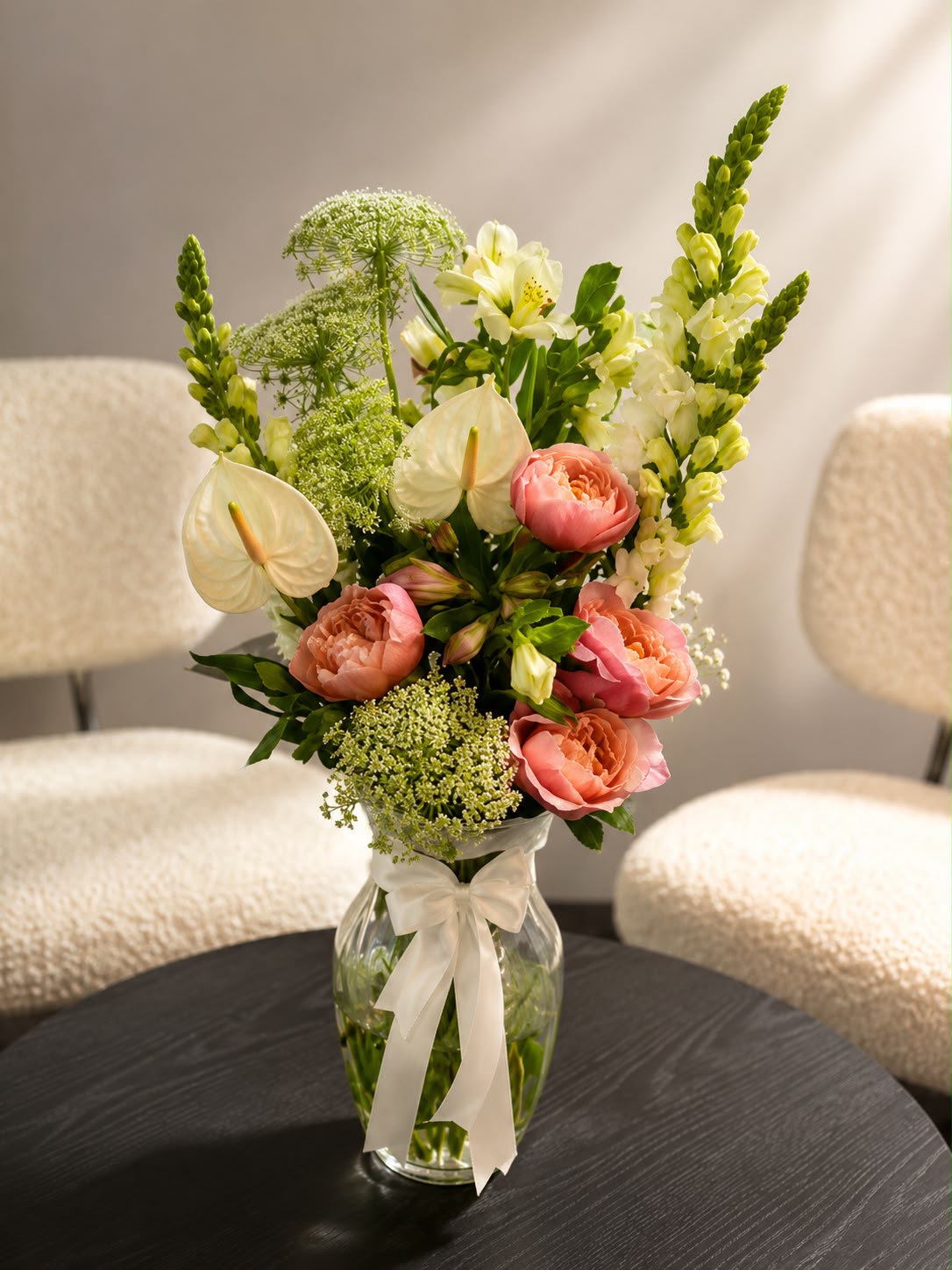 Peonia | Peach Garden Rose Vase Arrangement: peach peony, rose in a bouquet
