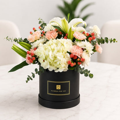 Sophia: white carnation, hypericum in a gift box