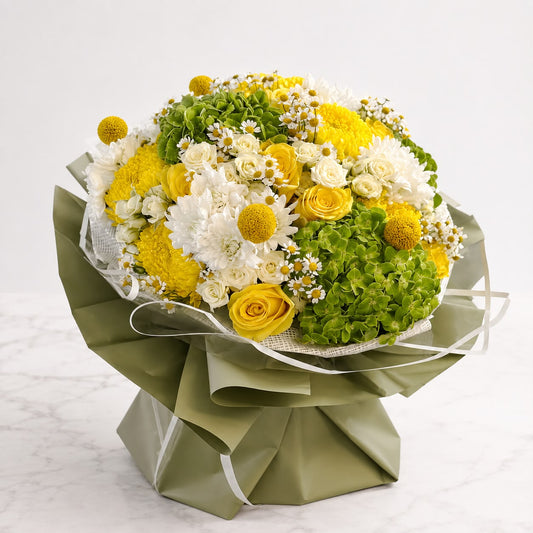 Secret Garden: white and yellow rose, carnation, chrysanthemum in a bouquet