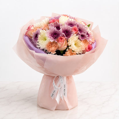 Princess Jasmine: pink chrysanthemum, carnation, rose in a bouquet (view 2)