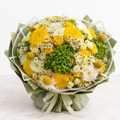 Secret Garden: white and yellow rose, carnation, chrysanthemum in a bouquet (view 3)
