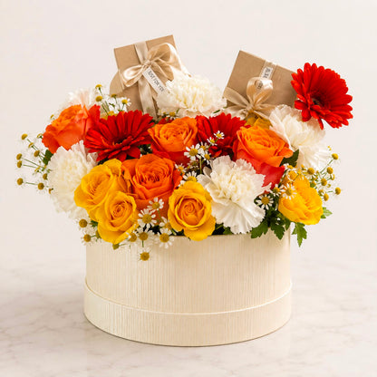 Sunny: orange and yellow rose, carnation, gerbera in a gift box (view 2)