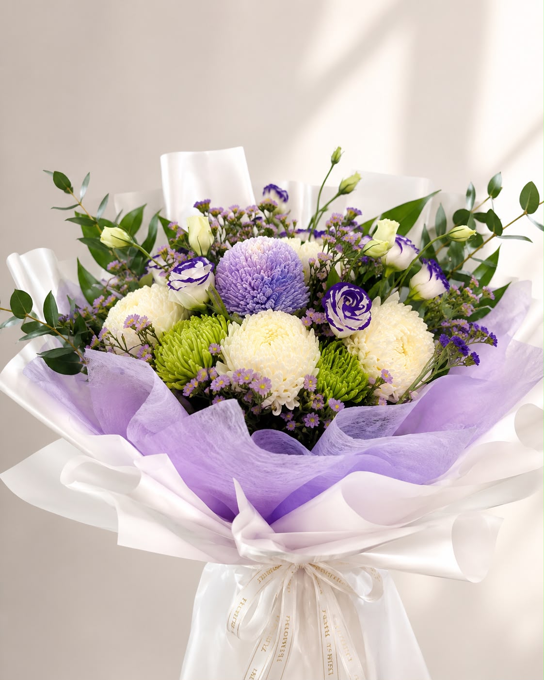 Mystic Lavender Garden: blue and white peony, aster, statice in a bouquet