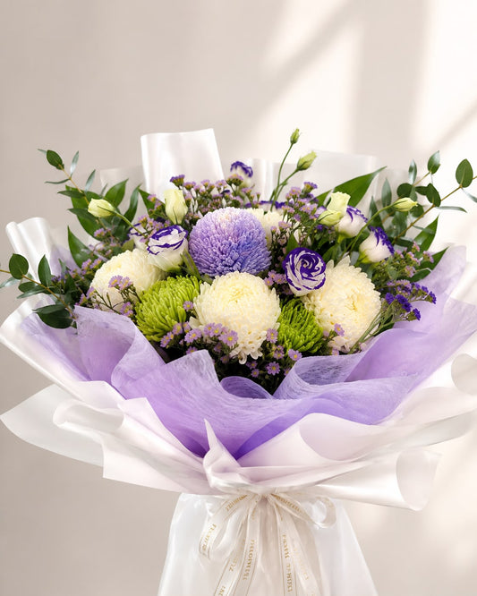 Mystic Lavender Garden: blue and white peony, aster, statice in a bouquet