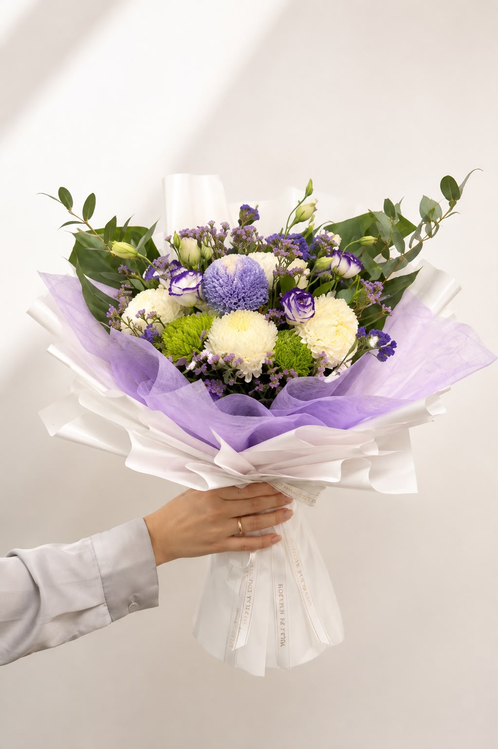 Mystic Lavender Garden: blue and white peony, aster, statice in a bouquet (view 2)