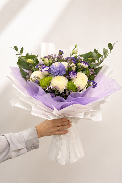 Mystic Lavender Garden: blue and white peony, aster, statice in a bouquet (view 2)