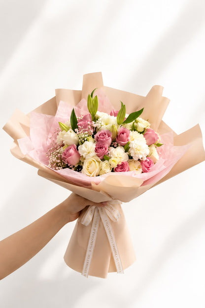 Blush Romance: pink and white rose, carnation, gypsophila in a bouquet