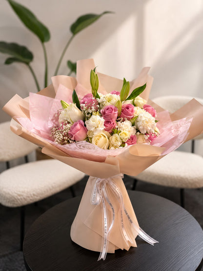 Blush Romance: pink and white rose, carnation, gypsophila in a bouquet (view 2)