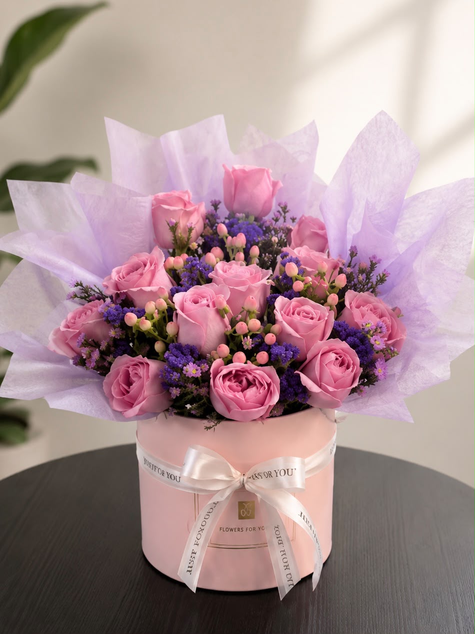 Rosy Lavender Delight: pink rose, aster, statice in a gift box