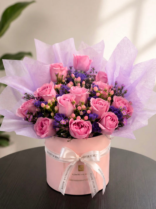 Rosy Lavender Delight: pink rose, aster, statice in a gift box