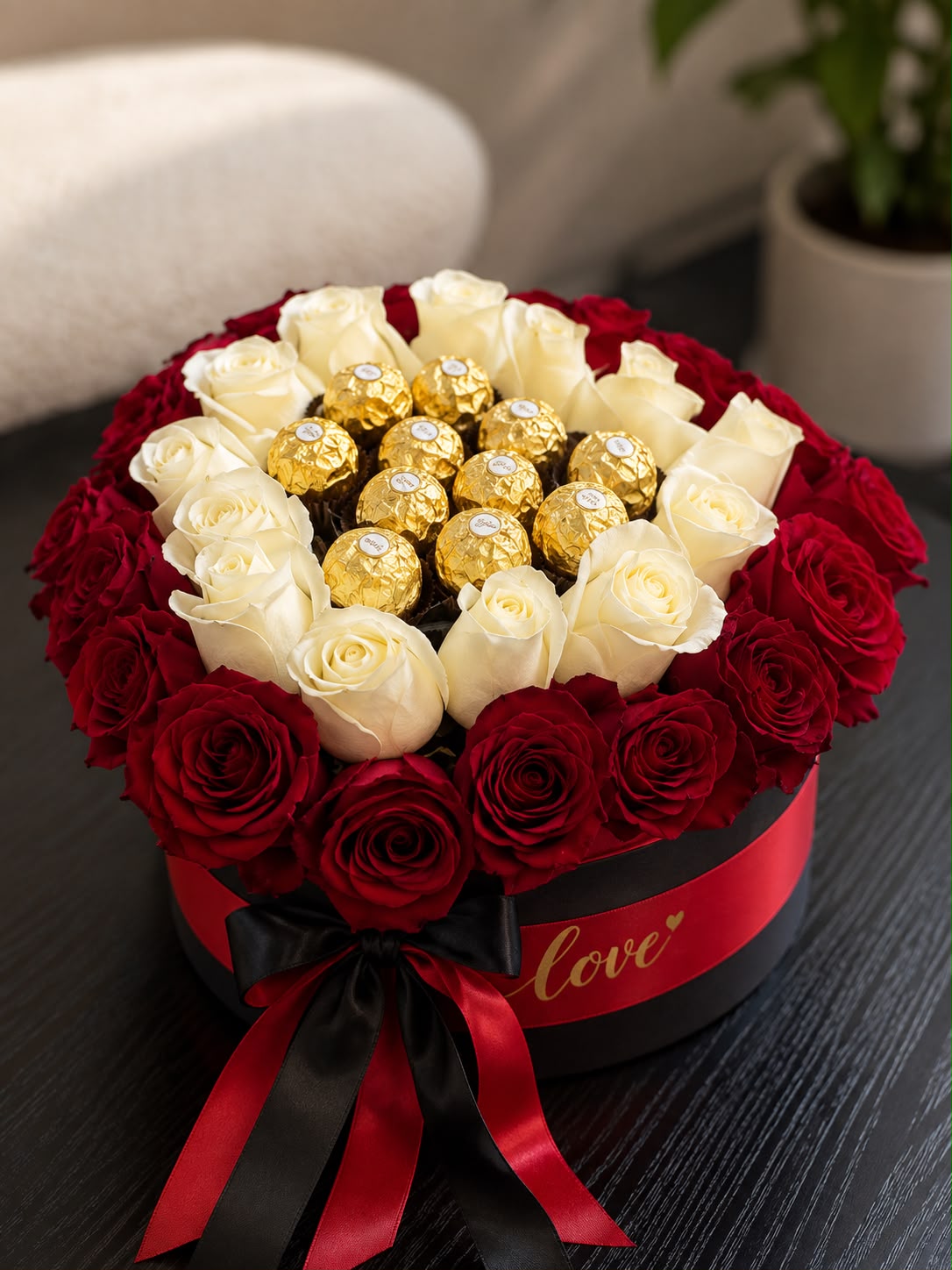 Ferrero Blossom Heart: cream and red rose in a gift box (view 2)