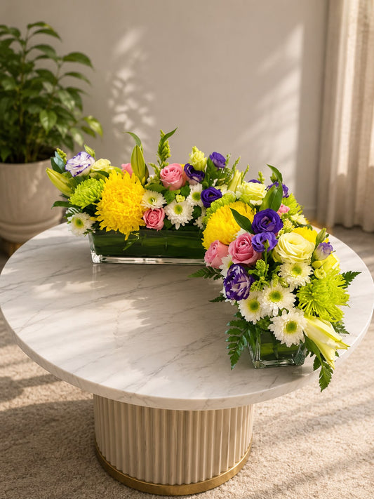 Sunny Elegance Arrangement Set: pink and yellow rose, chrysanthemum, lily in a arrangement