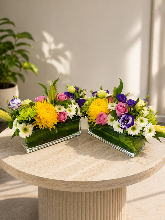 Sunny Elegance Arrangement Set: pink and yellow rose, chrysanthemum, lily in a arrangement (view 2)