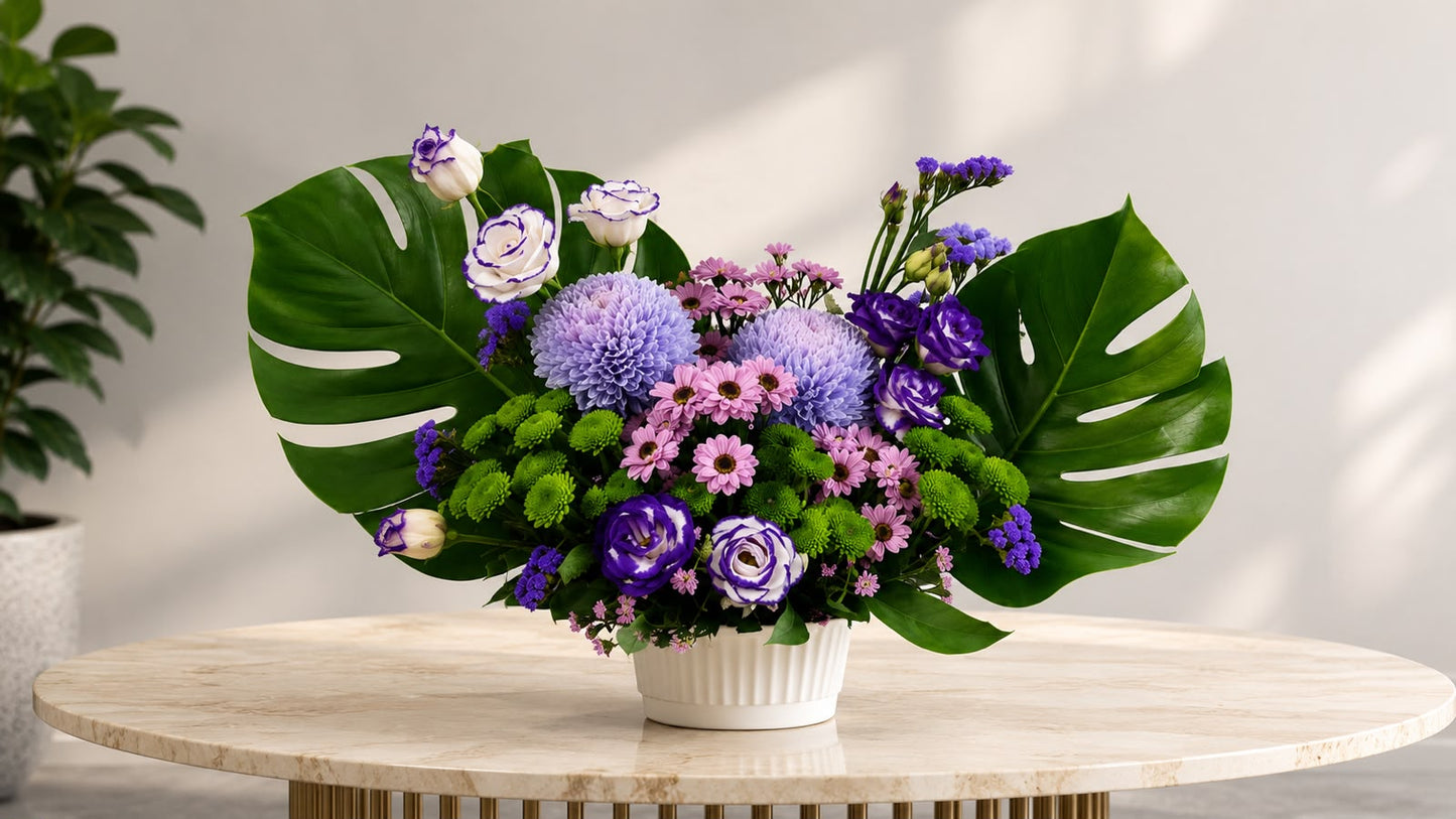Purple Serenity: blue and purple chrysanthemum, aster, lisianthus in a bouquet