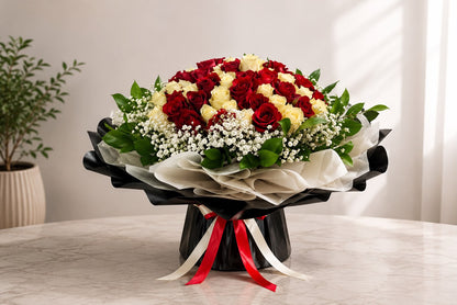Crimson and Ivory Harmony: red and white rose, gypsophila in a bouquet