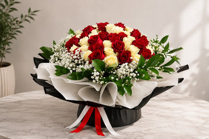 Crimson and Ivory Harmony: red and white rose, gypsophila in a bouquet (view 2)