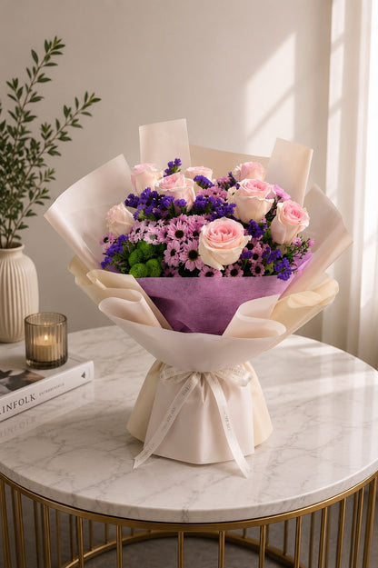 Blush and Bloom Elegance: pink and purple chrysanthemum, aster, rose in a bouquet (view 2)