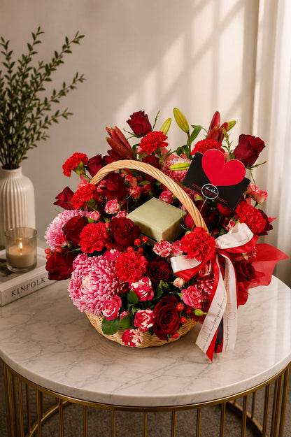 Scarlet Embrace: pink and red rose, lily, peony in a basket (view 3)