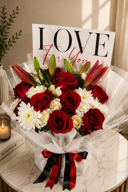 Timeless Romance: red and white rose, carnation, chrysanthemum in a bouquet