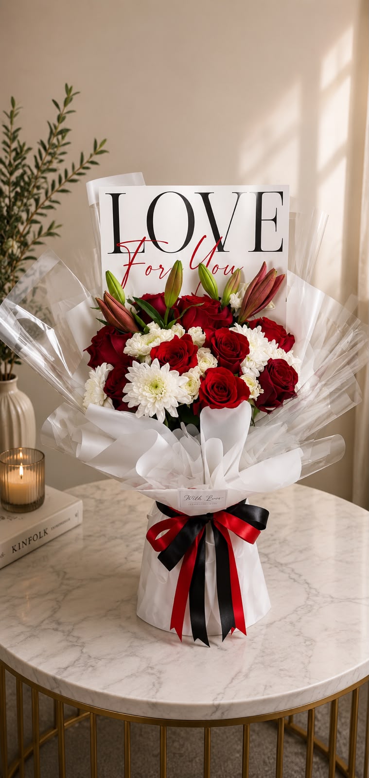 Timeless Romance: red and white rose, carnation, chrysanthemum in a bouquet (view 2)
