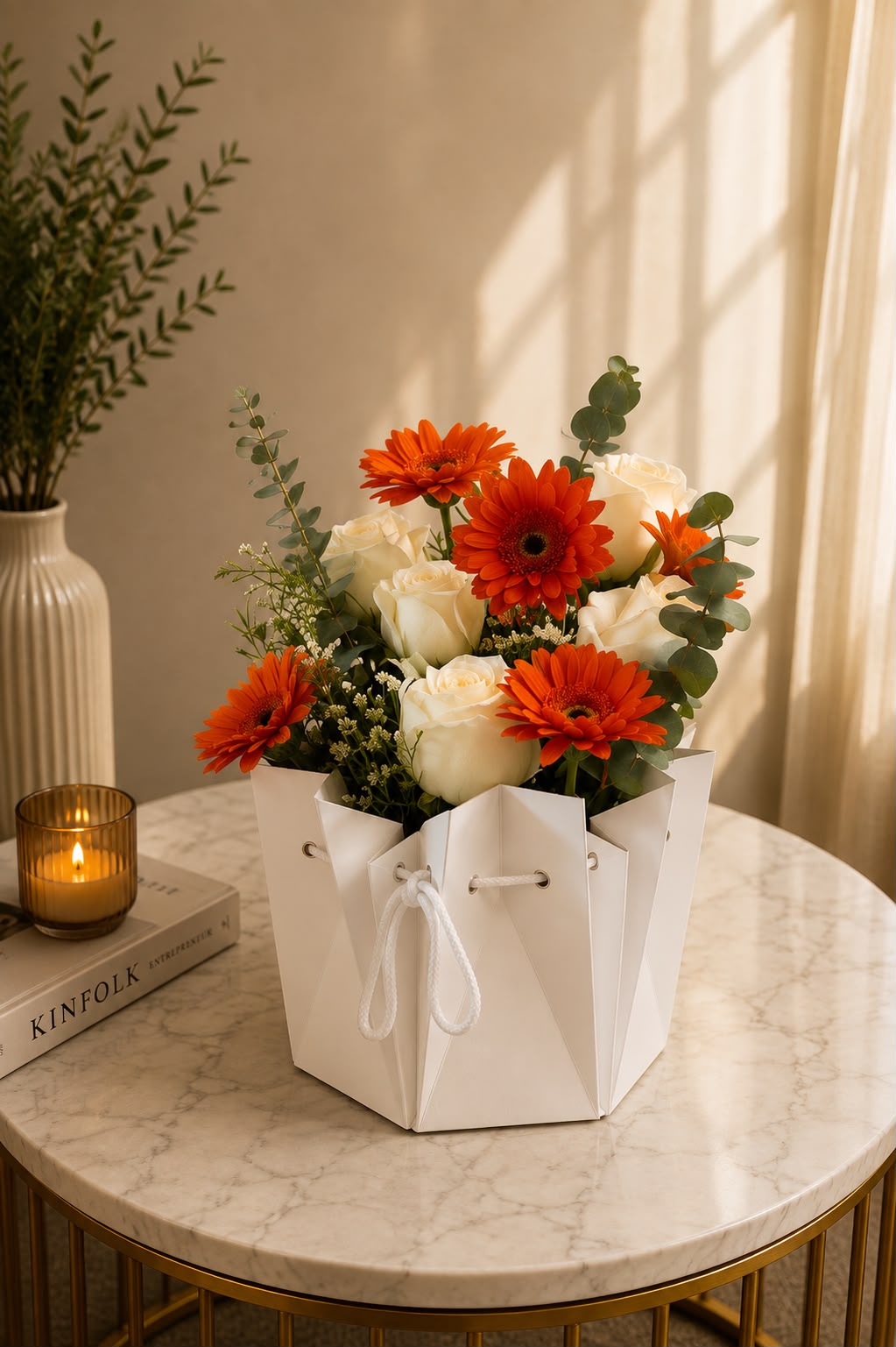 Morning Cheer: white rose, gerbera in a gift box