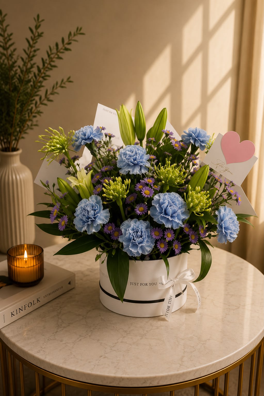 Blue Essence: blue carnation, ammi majus, aster in a gift box