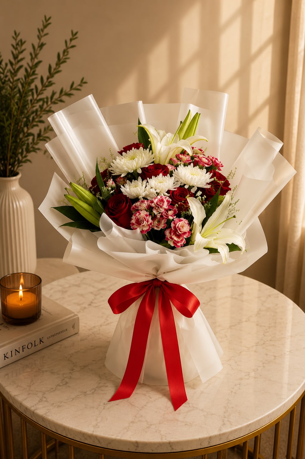Red Grace: red rose, chrysanthemum, lily in a bouquet