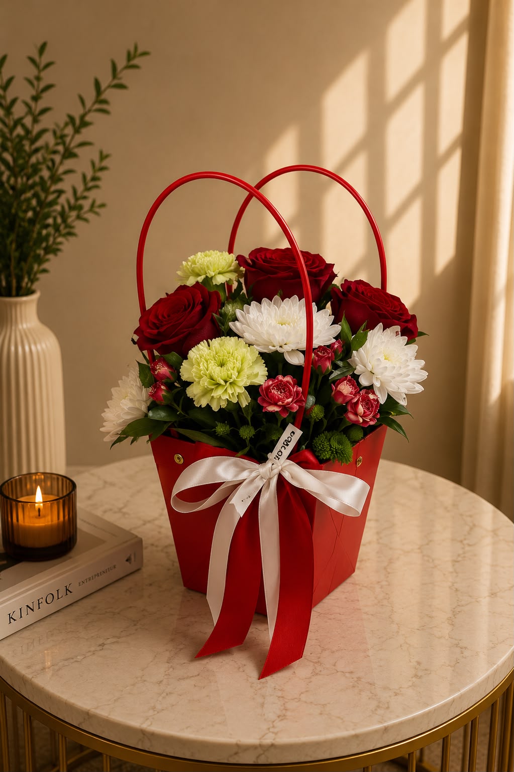 Classic Love Basket: red rose, carnation, chrysanthemum in a basket