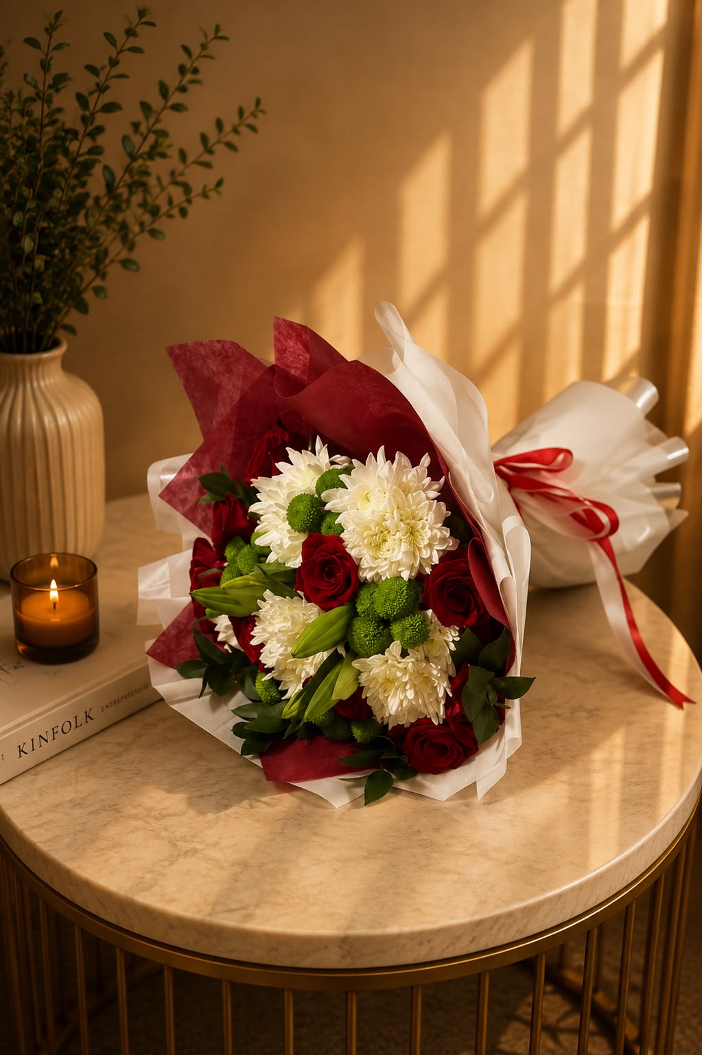 Blossom Banter: red rose, chrysanthemum, lily in a bouquet