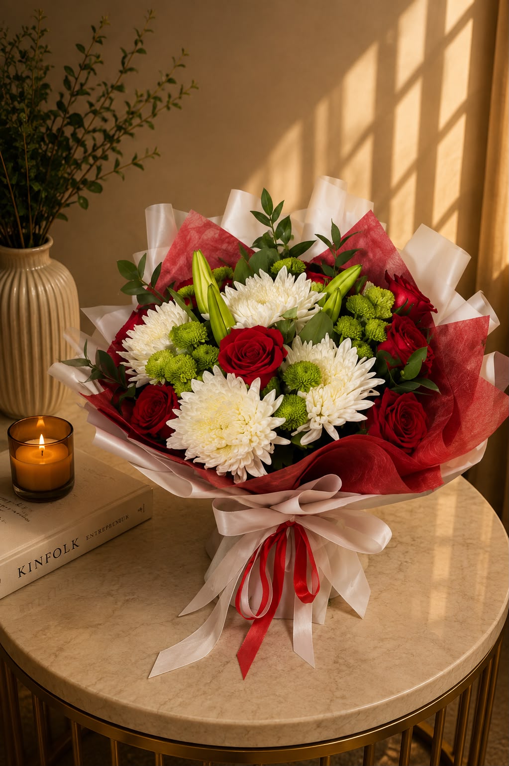 Blossom Banter: red rose, chrysanthemum, lily in a bouquet (view 2)