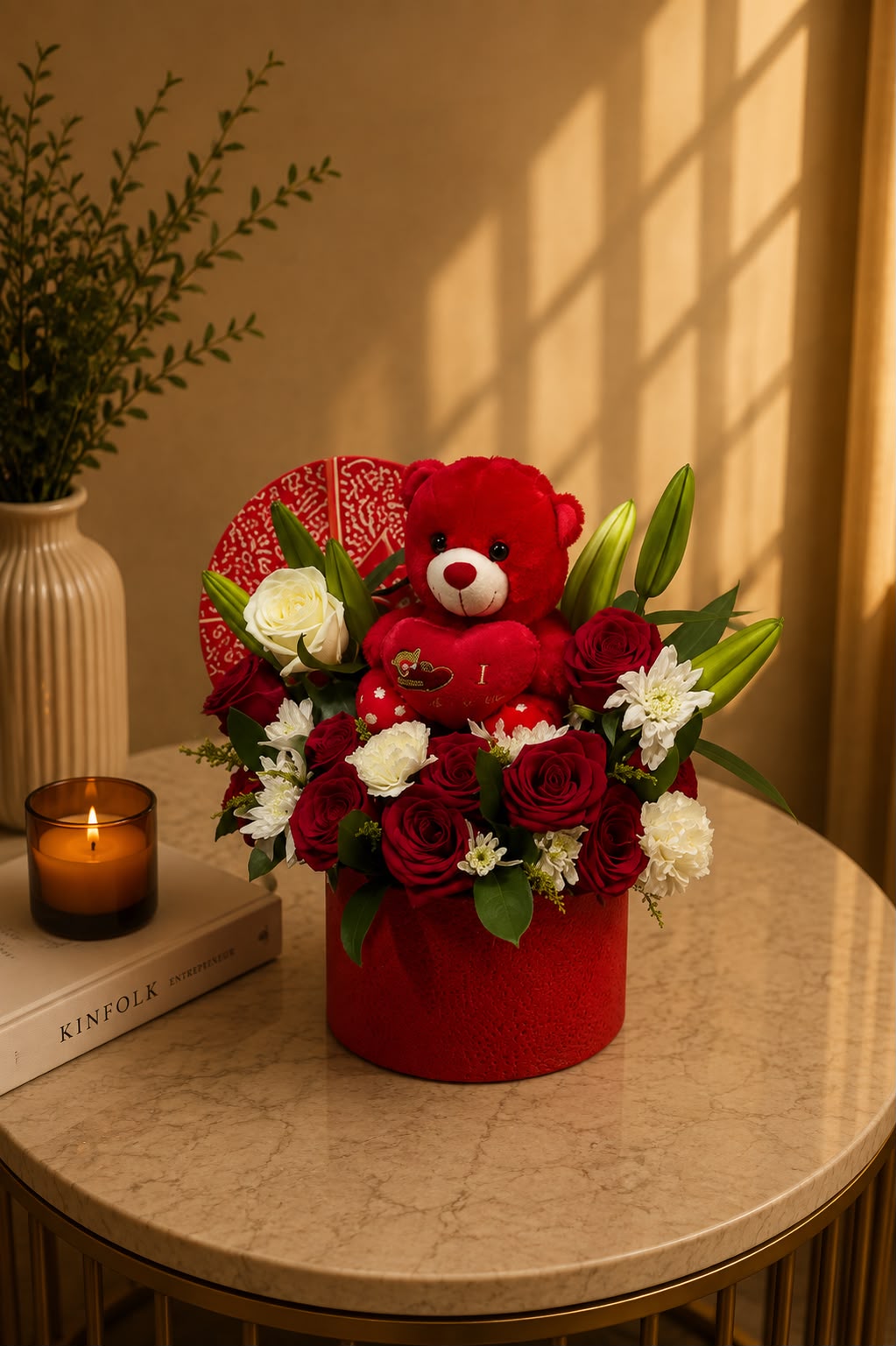 Scarlet Love Surprise: red and white rose, carnation, chrysanthemum in a gift box