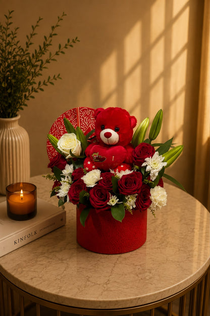 Scarlet Love Surprise: red and white rose, carnation, chrysanthemum in a gift box