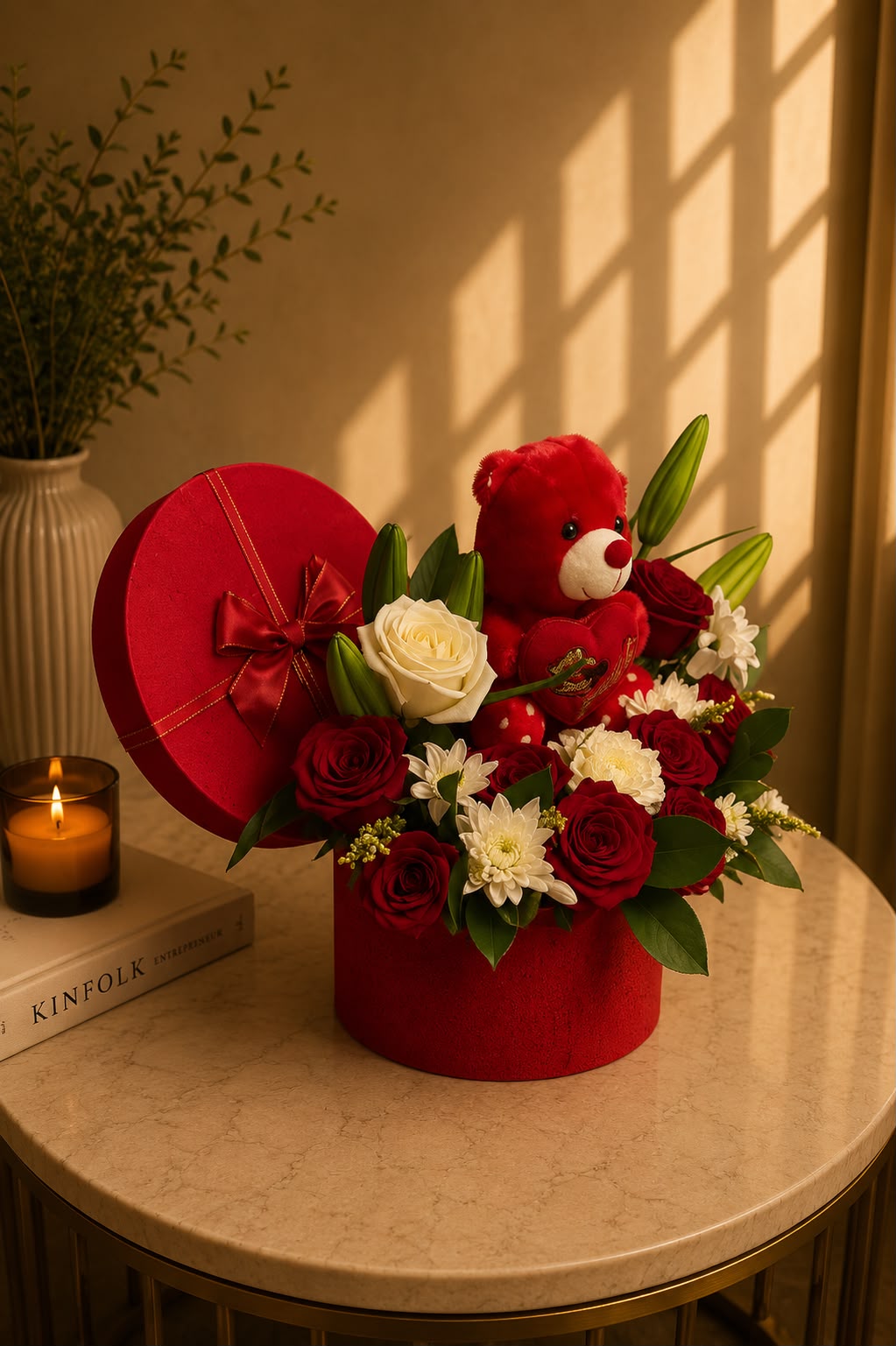 Scarlet Love Surprise: red and white rose, carnation, chrysanthemum in a gift box (view 2)